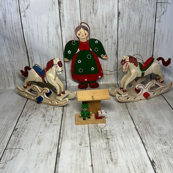 Vintage Wooden Christmas Ornaments 2 Rocking Horses Red Green Dress Lady - Picture 1 of 9
